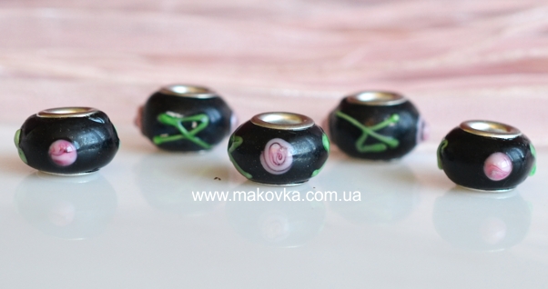 Бусина Пандора Lampwork №137 черная с розочкой