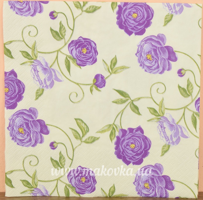 Декупажная салфетка №122 Цветочный орнамент, фиолетовые цветы 17,5г/м2, 1 шт