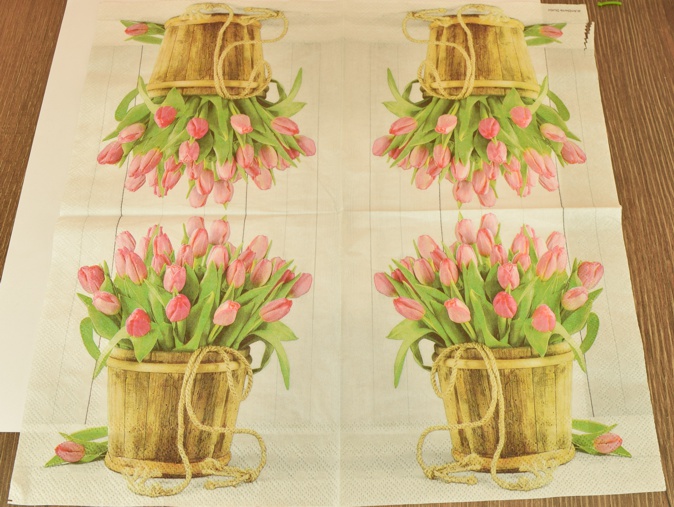 Декупажная салфетка №210 ведро с розовыми тюльпанами, 1 шт 