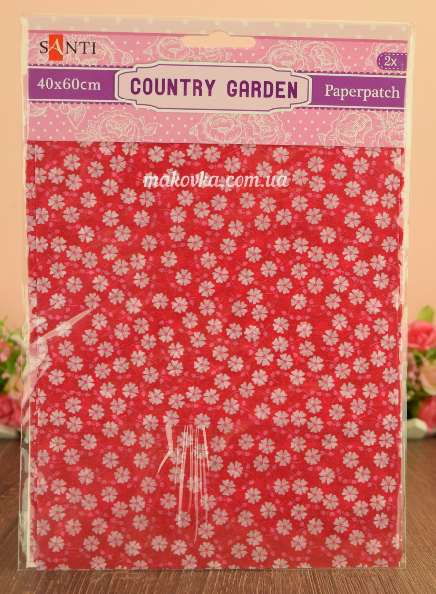 Бумага для декупажа Country garden (красная с белыми цветами), 2 листа 40*60 см Santi 952507