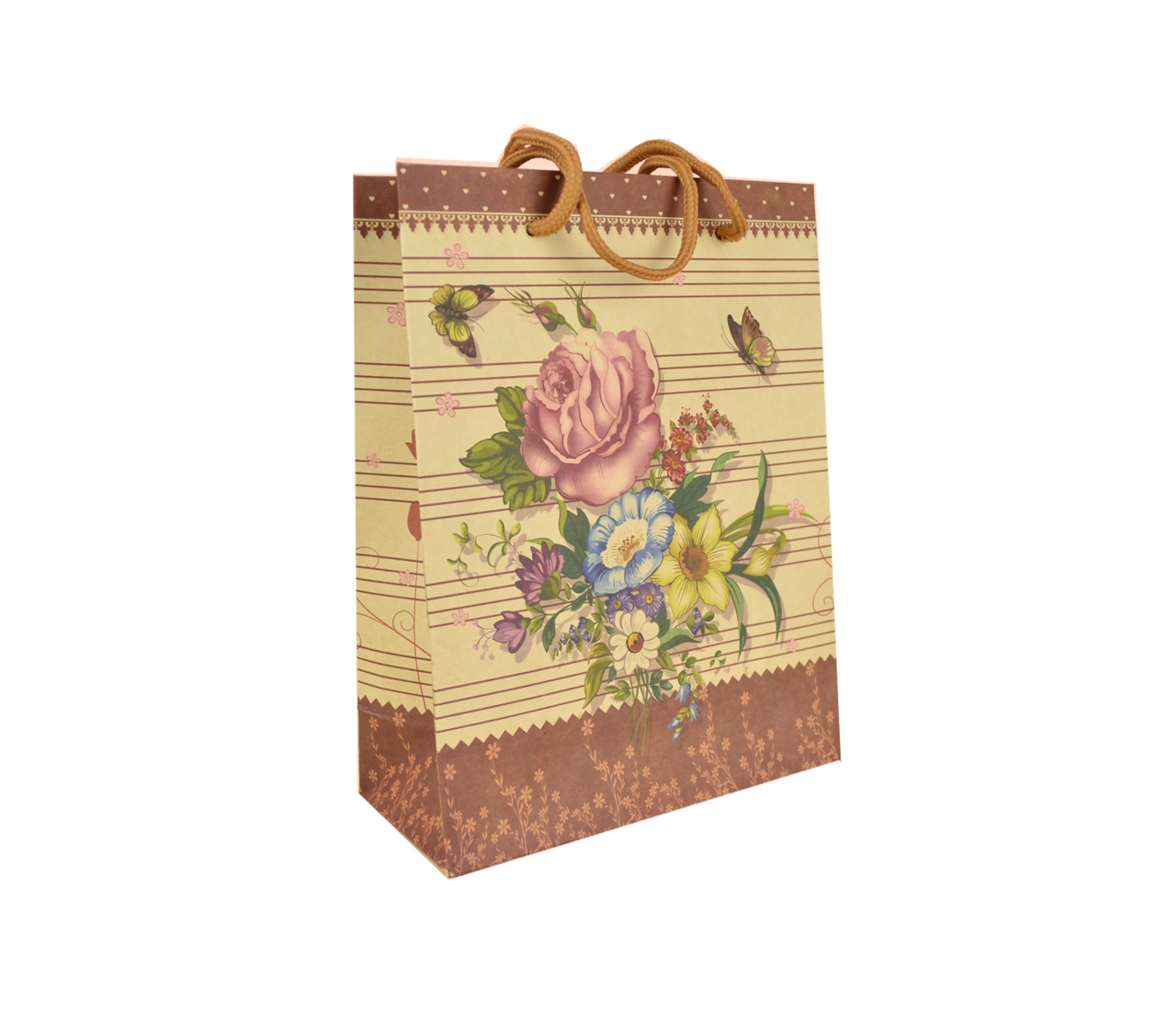 Пакет подарочный Цветы и бабочки, шоколадно-бежевый (290383) 23х19х9 см