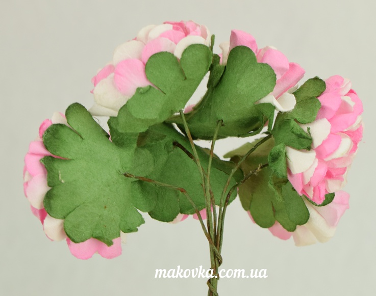 Букетик Пышных бумажных цветов, хризантемы, двухцветные, розово-белые, 6 шт. 3,5мм
