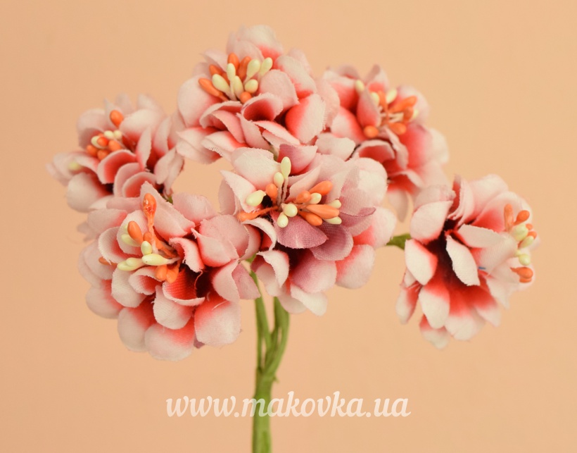 Букетик Цветы с тычинками, тканевые, 6 шт,  красно-розовые