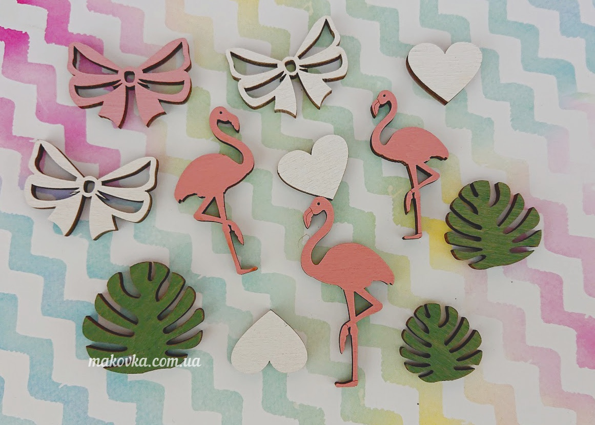 Набор Тропики: фламинго, бантики, сердечки, листики, 12 шт,  фанера