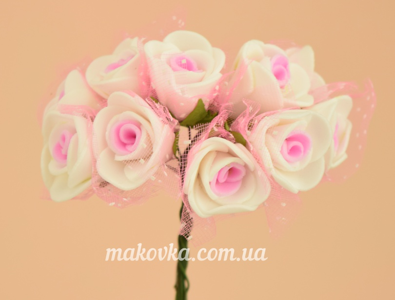 Розочки из фоама с Фатином двухцветные Белые с розовым, 10 шт/уп