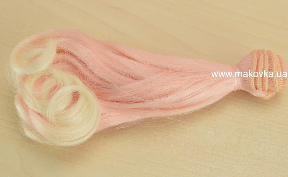 Волосы для куклы ОМБРЕ ПОЛУЗАКРУЧЕННЫЕ св. розовый-белый, длина 15 см №14