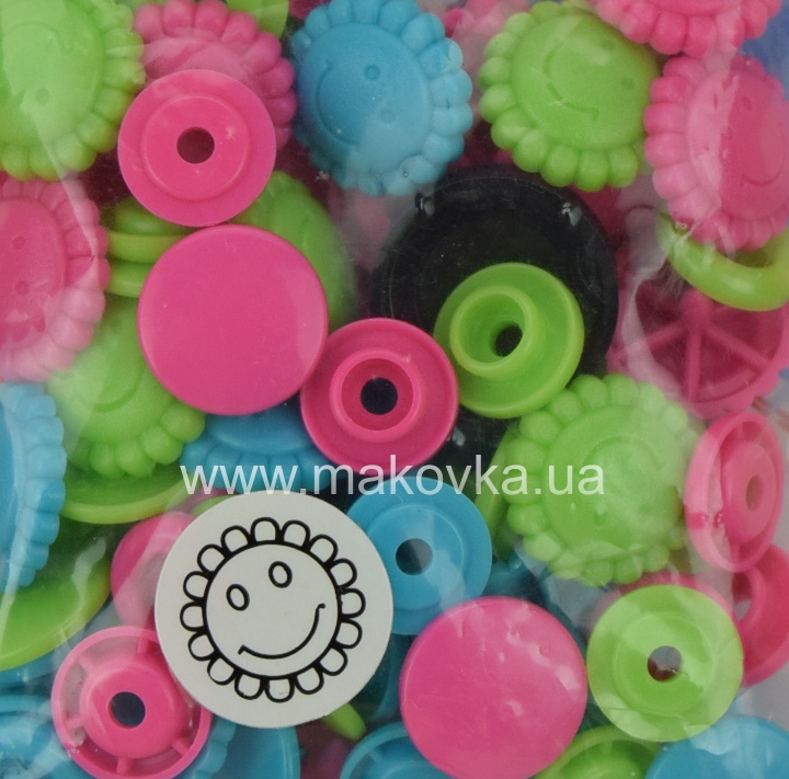 Набор кнопок Color Snaps Prym 393 081 серия LOVE цветок бирюзовые, ярко-салатовые, ярко-розовые
