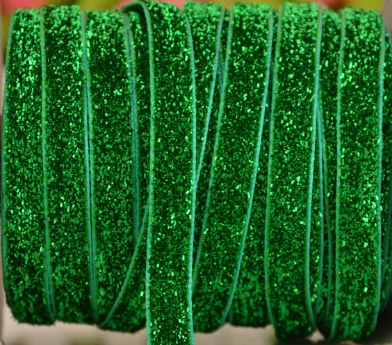 Бархатная лента 10 мм, зеленая с люрексом, 1 м