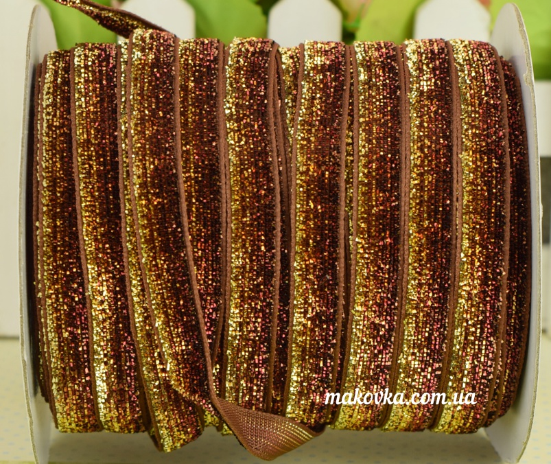 Бархатная лента 10 мм, меланж бордово-коричнево-золотой с люрексом, 1 м