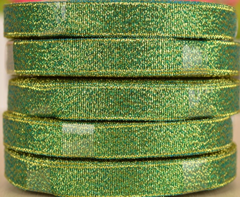 Лента парчовая 12 мм, синяя с золотом (зеленая), 1 бобинка