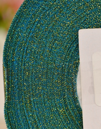 Лента парчовая 12 мм, синяя с золотом (зеленая), 1 бобинка