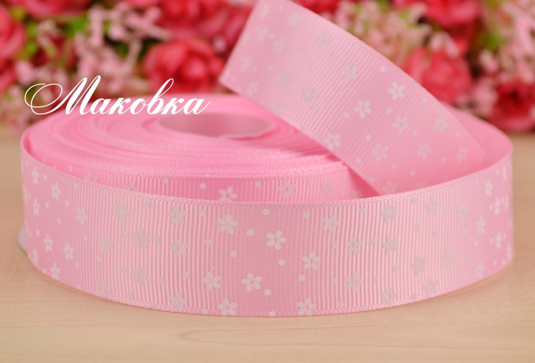 Репсовая лента 25 мм №03 Розовая с мелкими цветочками, 1 м