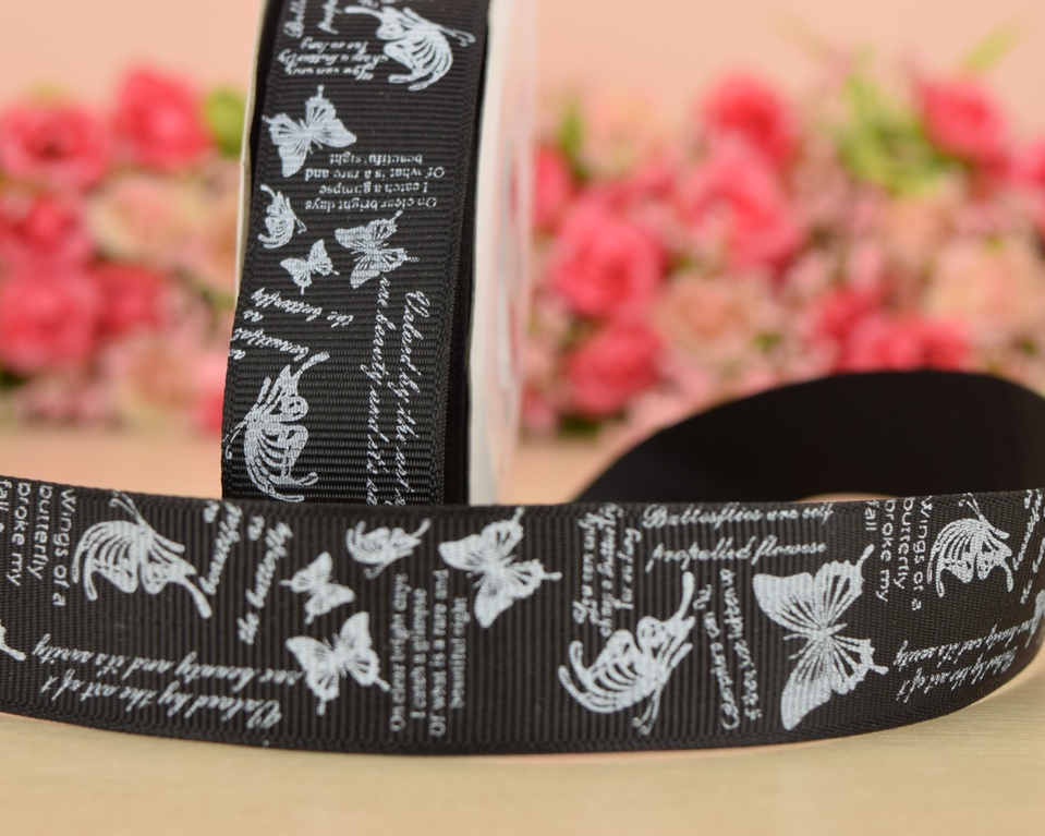 Репсовая лента 25 мм №18 Черная с надписями и бабочками