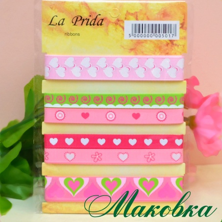 Набор репсовой ленты с рисунком La Prida Розовый и салатовый (сердечки)