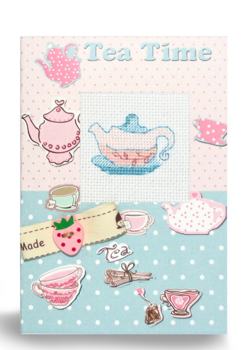 Набор для создания открытки (S) Р-10 вышивка Чайник, Tea Time, фон розово-голубой, Лука-С
