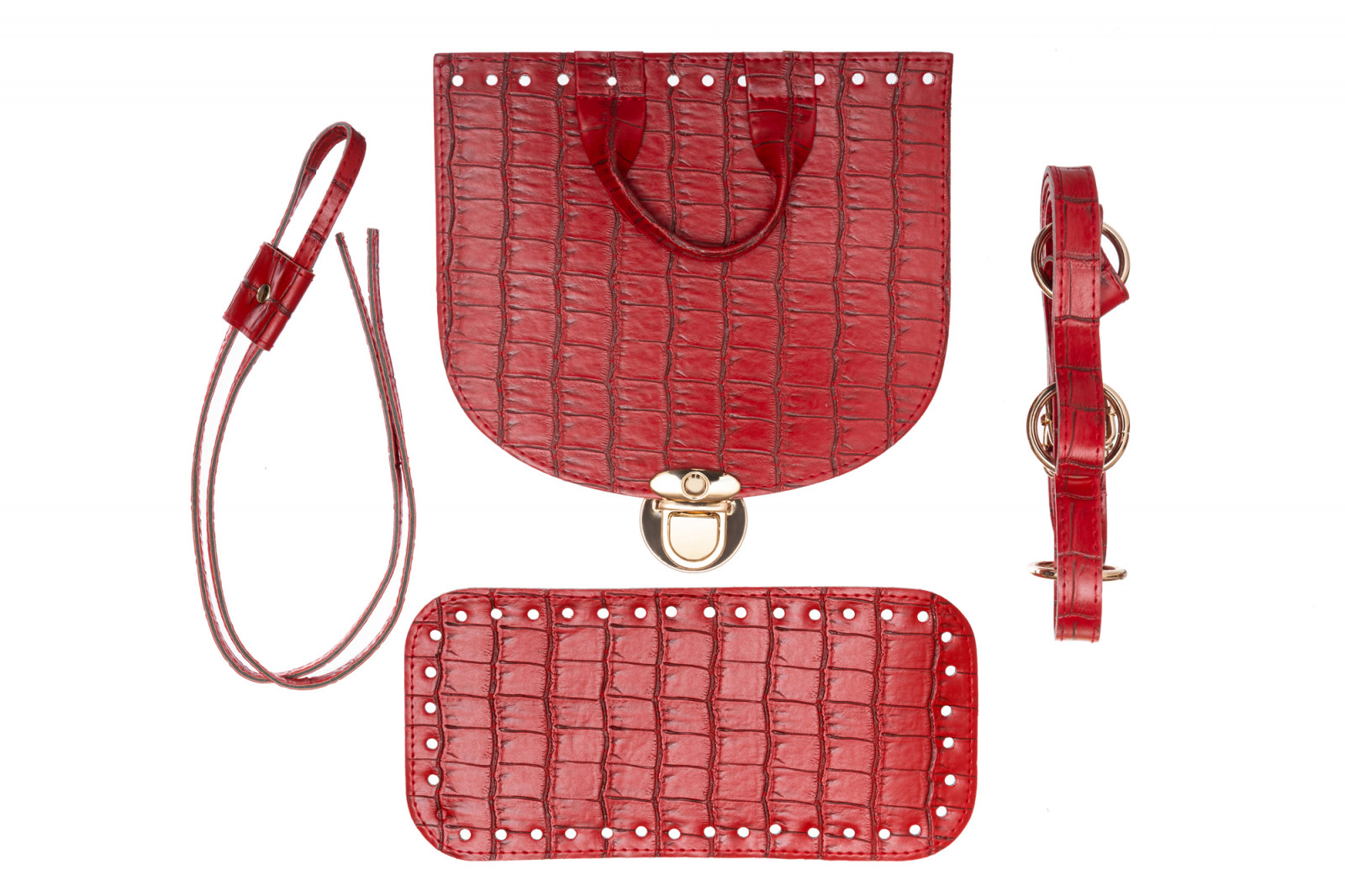Набор для рюкзака из экокожи Крокодил, цвет Красный (5 позиций) фурнитура цвета золото 73208 ТрК