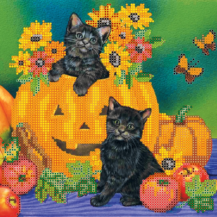 Схема (рисунок) на холсте для вышивания бисером Хэллоуин (коты и тыквы), АС-468, Абрис Арт