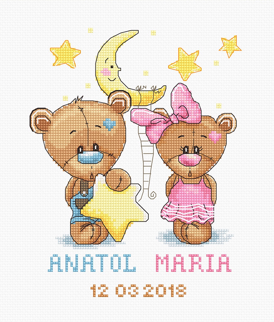 Набор для вышивания крестиком B1148 Метрика для близняшек (мишки Анатоль и Мария), Luca-S, вышивка нитками