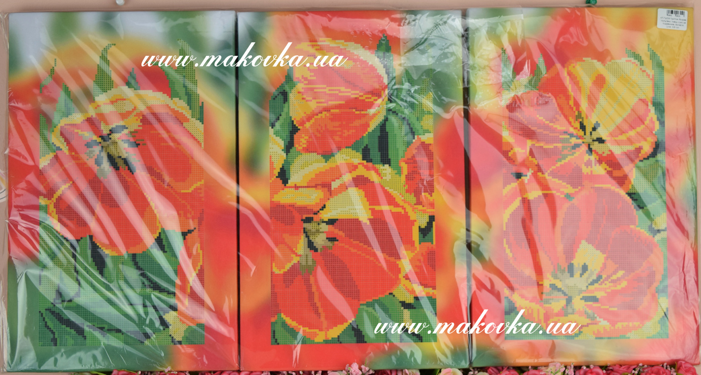 КП-Тр006 Триптих Яркие тюльпаны, ткань с рисункомна подрамнике, Бисерок