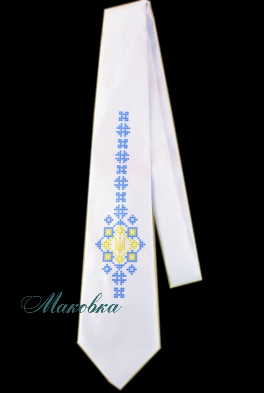 Галстук №04 белый с синим орнаментом и гербом, атлас
