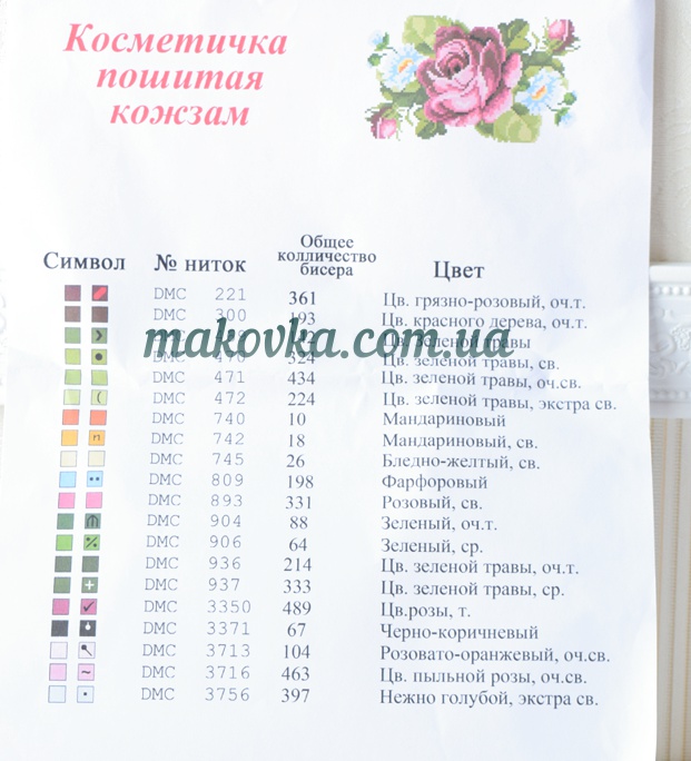 схема Косметичка пошитая кожзам №8, молочная, Роза и ромашки , атлас белый , Красуня 15х23см