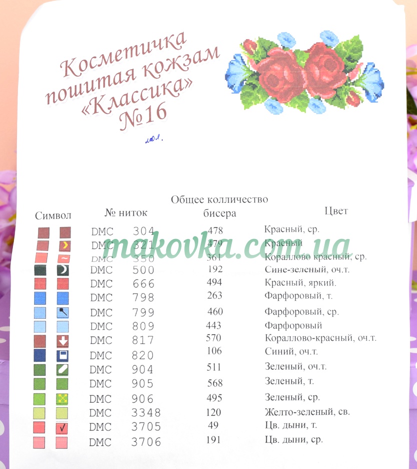 Косметичка пошитая, кожзам №16, молочная, Две розы и вьюнки, ТМ Красуня 