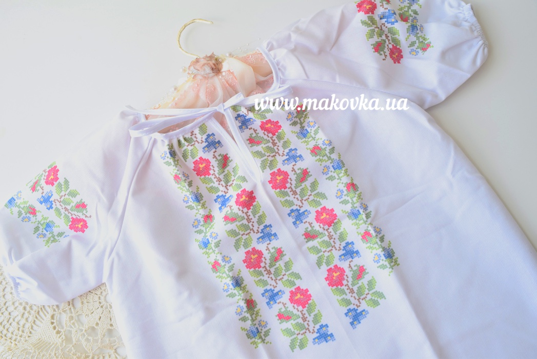 Блуза детская Реглан №6 Орнамент из цветов, белая, домотканая, короткий рукав, ТМ Красуня