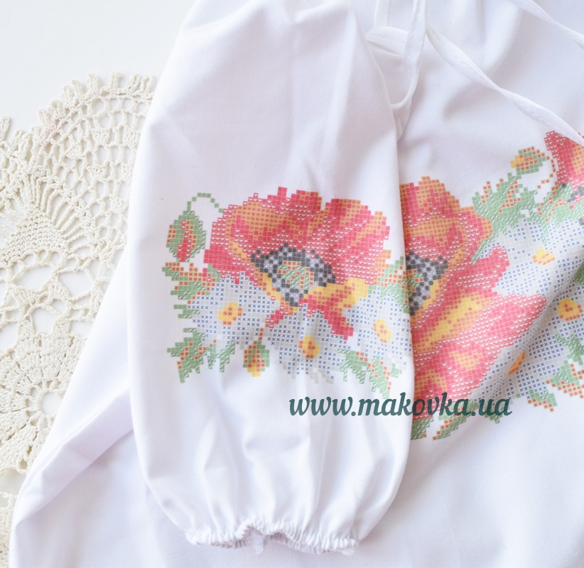 Блуза детская Реглан №12 Маки и ромашки, белая, домотканая, короткий рукав, ТМ Красуня