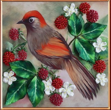 Птичка на ягодной ветке ВЛ-Н-1079, вышивка шелковыми лентами, Шелковый сад