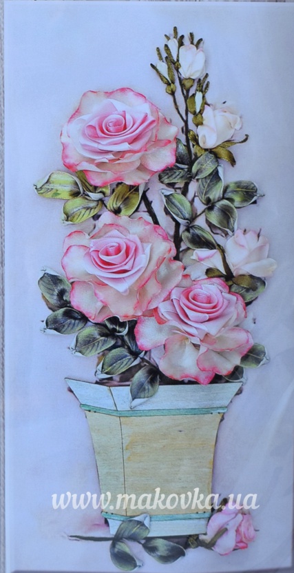 Розовые розы в деревянной вазе ВЛ-Н-5004, Шелковый сад , вышивка лентами с деревянной заготовкой