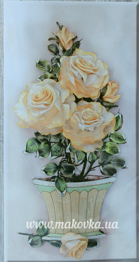 Желтые розы в деревянной вазе ВЛ-Н-5005, Шелковый сад , вышивка лентами с деревянной заготовкой