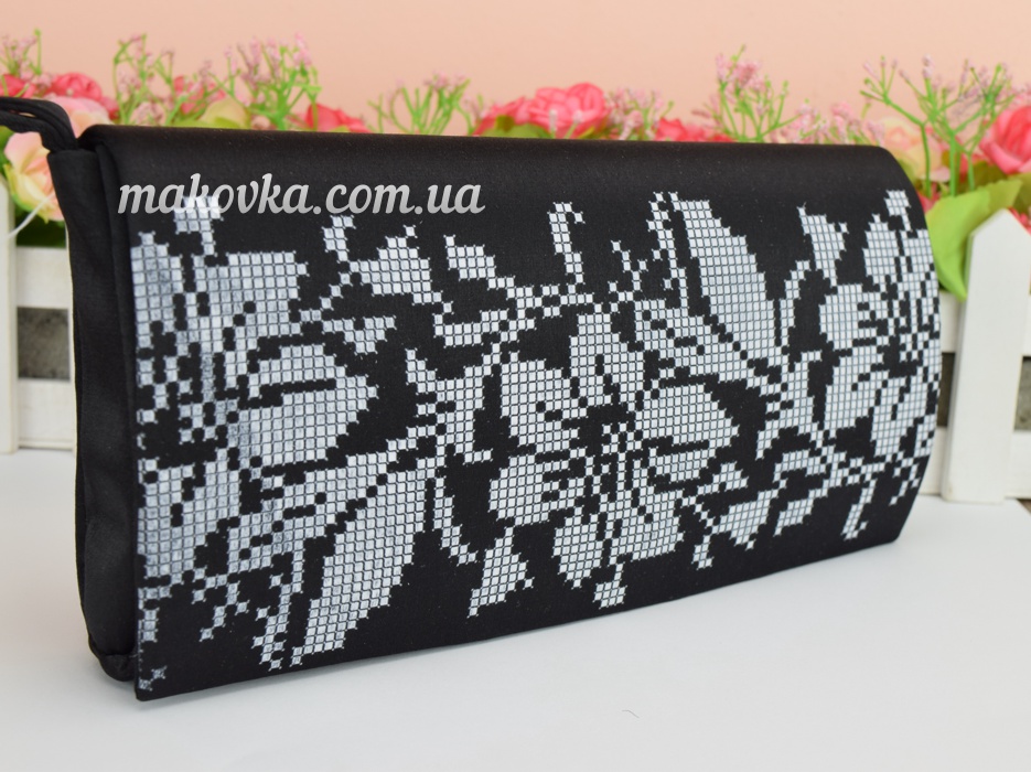 Клатч Орнамент Лилии белый на черном КЛ072кЧ атлас-котон , под вышивку, Барвиста Вишиванка